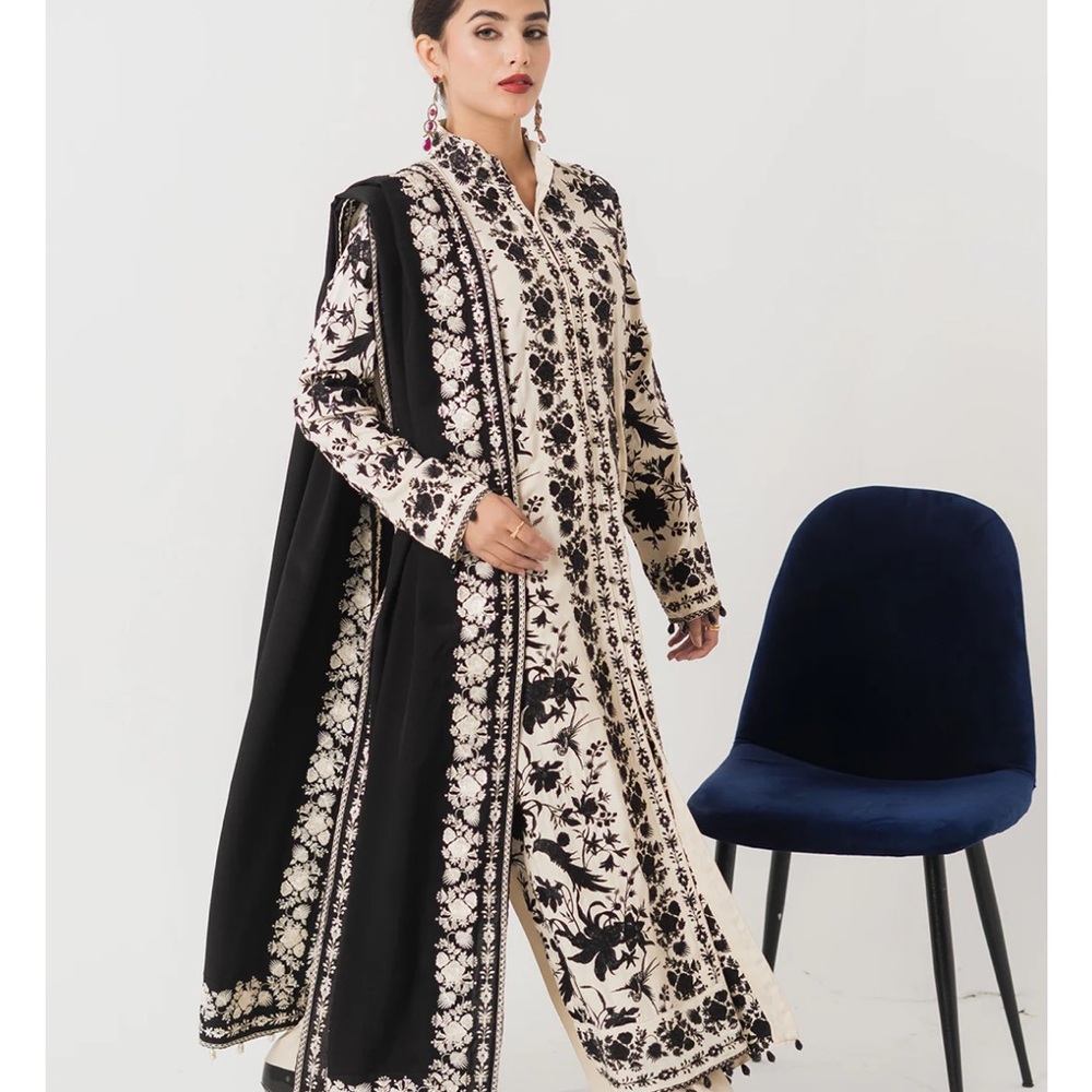 Elegant Black and Cream Embroidered Kurta Velvet Dupaata and Shalwar set